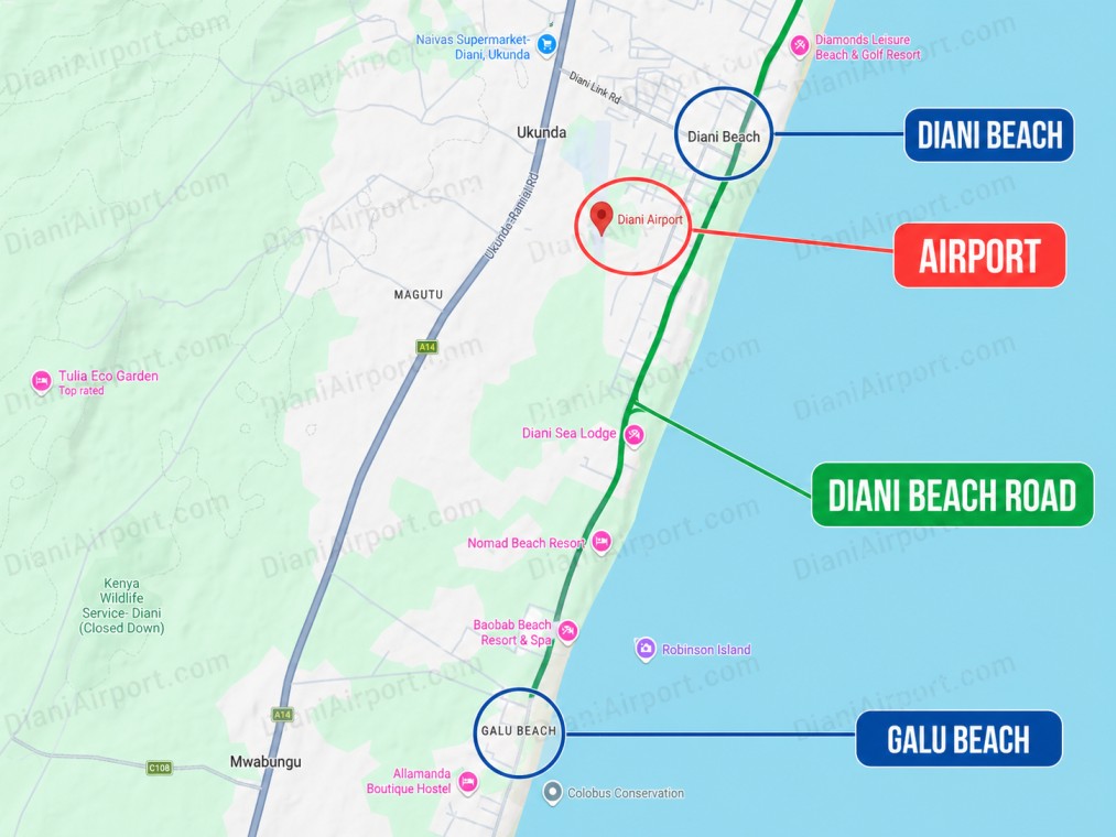 Map showing the location of Diani Airport (Ukunda Airport) in relation to Diani Beach and Galu Beach