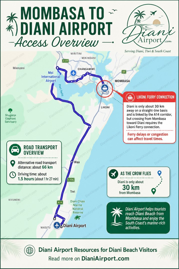 Map showing the route and distance from Mombasa to Diani Airport via the Likoni ferry and around the lagoon