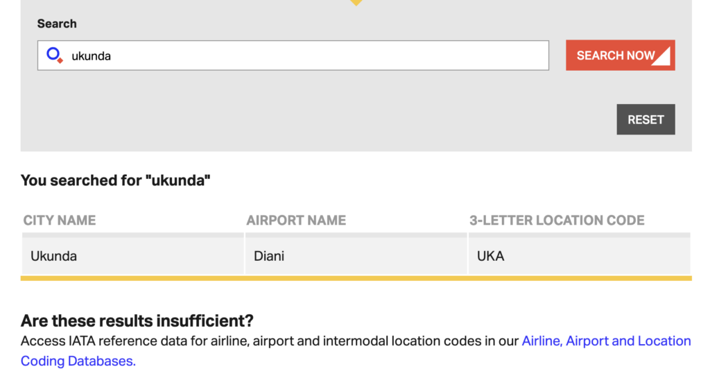 Snapshot from IATA's official website that assigned UKA as 3-character code UKA for Ukunda Airport in Diani. See on IATA's website here